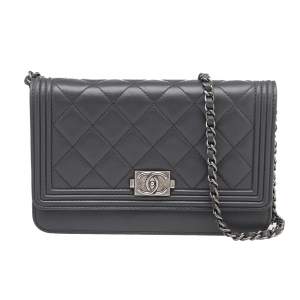 Chanel Grey Quilted Leather Boy Wallet on Chain