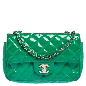 Chanel Green Quilted Patent Leather Mini Rectangle Classic Single Flap Bag