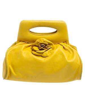 Chanel Yellow Leather Camellia Frame Clutch