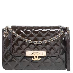 Chanel Charcoal Grey Quilted Patent Leather Golden Class Accordion Flap Bag 