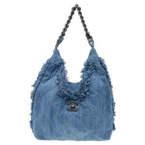 Pre Owned Chanel Blue Quilted Denim Fringe CC Hobo