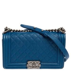 Chanel Blue Quilted Caviar Leather Medium Boy Flap Bag