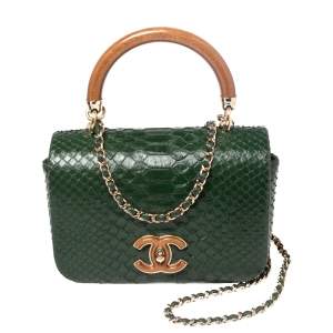 Pre Owned Chanel Green Python Knock on the Wood Top Handle Bag