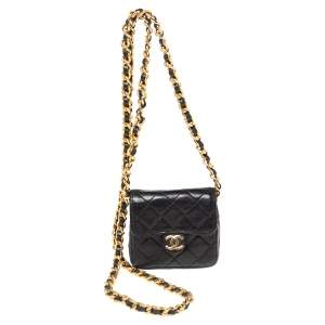 Chanel Black Quilted Leather Vintage CC Coin Purse with Chain