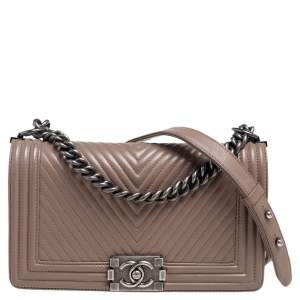 Chanel Beige Chevron Leather Medium Boy Flap Bag