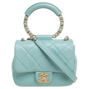 Pre Owned Chanel Blue Quilted Leather Small Circular Top Handle Bag