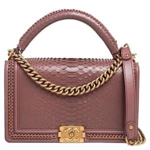 Chanel Old Rose Leather and Python Chain Around Boy Flap Bag