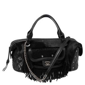 مملوكة مسبقًا Chanel Black Quilted Leather and Calfhair Fringe Paris Dallas Bag