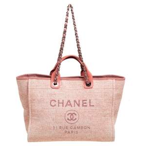 Pre Owned Chanel Pink Canvas and Leather Large Deauville Shopper Tote
