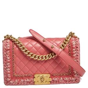 Chanel Coral Pink Quilted Leather and Tweed Trim Medium Jacket Boy Flap Bag