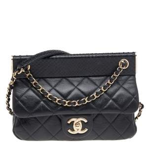 Pre Owned Chanel Black Quilted Leather And Python Classic Frame Flap Bag