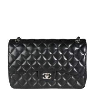 Chanel Black Lambskin Leather Quilted Jumbo Classic Double Flap Shoulder Bag