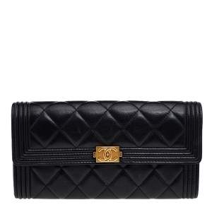 Chanel Black Quilted Leather Boy Long Flap Continental Wallet