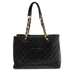 Pre Owned حقيبة يد توتس شانيل غراند شوبر جلد كافيار مبطن أسود