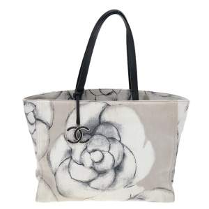 Chanel Beige/Black Canvas And Leather Medium Camellia Shopping Tote