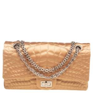 Pre Owned Chanel Gold Croc Embroidered Satin Reissue 225 Flap Bag