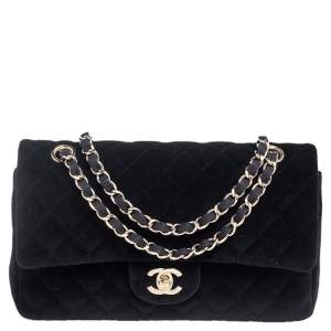 Pre Owned Chanel Black Quilted Velvet Medium Classic Double Flap Bag