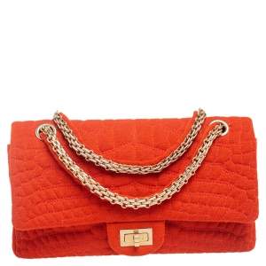 Pre Owned Chanel Orange Croc Quilted Jersey Reissue 225 Flap Bag
