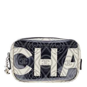 Chanel Black/White Leather And PVC Camellia Coco Mark Logo Pouch