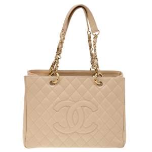 Chanel Beige Quilted Caviar Leather Grand Shopper Tote 