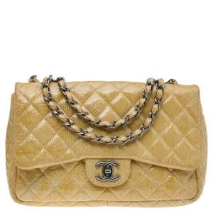 Pre Owned Chanel Yellow Crinkled Quilted Patent Leather Jumbo Single Flap Bag