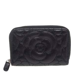 Chanel Black Leather Camellia Zip Around Coin Purse 