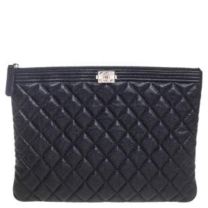 Pre Owned Chanel Black Quilted Caviar Leather Boy Large O-Case Zip Pouch