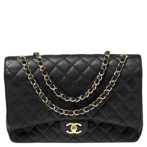  Chanel Black Quilted Caviar Leather Maxi Classic Double Flap Bag 