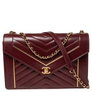Pre Owned Chanel Burgundy Quilted Lambskin Leather Reversed Chevron Flap Bag
