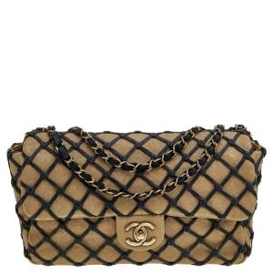 Chanel Khaki Leather Jumbo Canebiers Net Flap Bag
