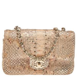 Chanel Beige/Gold Python New Mini Classic Single Flap Bag