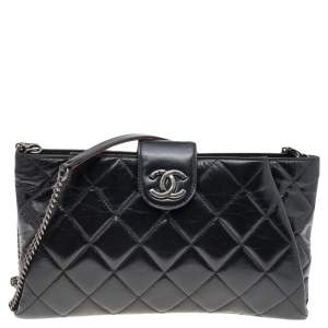 Pre Owned Chanel Black Quilted Crinkled Leather Coco Pleats Clutch