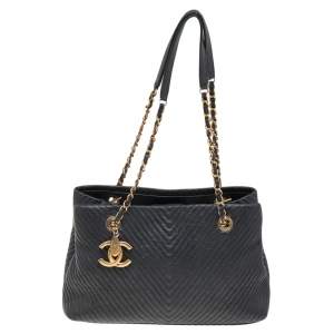 Chanel Black Iridescent Chevron Quilted Leather Surpique Tote