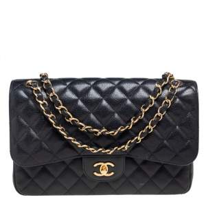 Pre Owned Chanel Black Quilted Caviar Leather Jumbo Classic Double Flap Bag