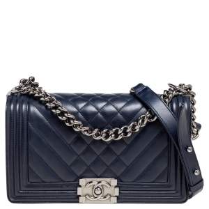 Chanel Midnight Blue Quilted Chevron Leather Medium Boy Flap Bag