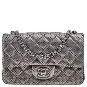 Chanel Metallic Grey Quilted Leather Perforated Classic Single Flap Bag