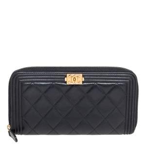 Chanel Black Quilted Leather Boy Zip around Continental Wallet