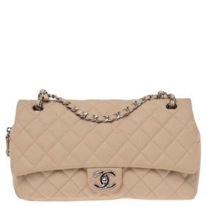 Pre Owned Chanel Beige Quilted Caviar Leather Large Easy Flap Bag