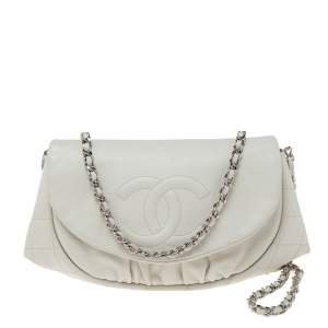 Chanel White Caviar Leather Half Moon Wallet On Chain