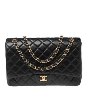 Pre Owned حقيبة شانيل ماكسي كلاسيك جلد مبطن أسود ذات قلاب مزدوج
