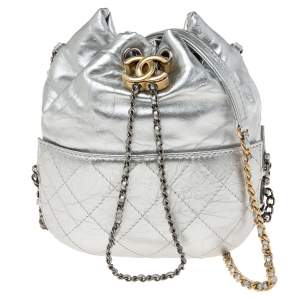 Pre Owned Chanel Silver Quilted Leather Small Gabrielle Bucket Bag