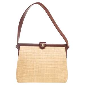 Pre Owned Chanel Brown/Cream Woven Raffia and Leather CC Frame Top Handle Bag