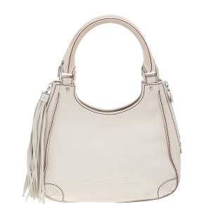 Pre Owned Chanel Off White Grained Leather Tassel Hobo