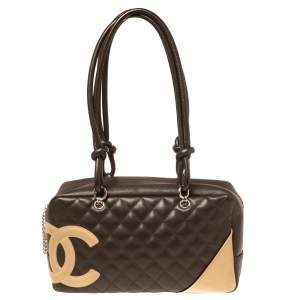 Pre Owned Chanel Brown/Beige Quilted Leather Cambon Ligne Bowler Bag