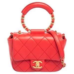 Pre Owned Chanel Coral Red Quilted Leather Small Circular Top Handle Bag