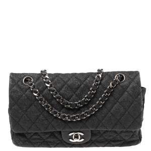 Pre Owned Chanel Black Crinkled Leather Medium Classic Double Flap Bag 