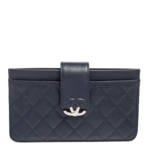 Pre Owned Chanel Navy Blue Caviar Leather CC Box Wallet