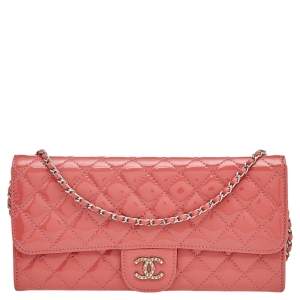 Chanel Peach Patent Quilted Leather CC Wallet On Chain
