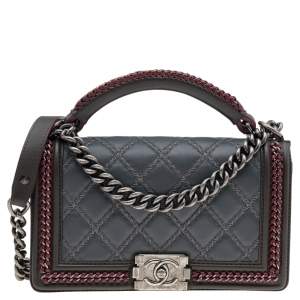 Chanel Grey/Olive Green Quilted Leather Chain Around Medium Boy Flap Top Handle Bag