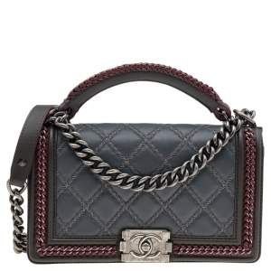 Pre Owned Chanel Grey/Olive Green Quilted Leather Chain Around Medium Boy Flap Top Handle Bag